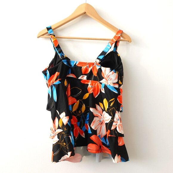 Black Floral Tankini Swim Top Large Layered V Neck Bold Hawaiian Boho Beach - Picture 5 of 8